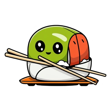 a robot shaped like a sushi roll, with LED eyes, tentacle sticks and soy sauce dripping like wires sticker