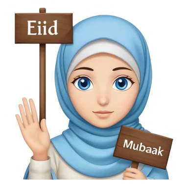 Turkish beautiful finish Konya girl blue eyes with cloudy hijab islamic dress and had on her hand text Eid Mubarak  sticker