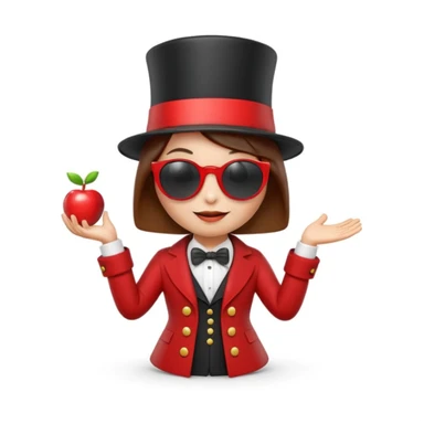 3D apple-style emoji of a whimsical character with simplified shapes, cartoon-like look, glossy finish, soft shadows, white background, tall top hat with ribbon, large round white sunglasses, short brown bob haircut, elegant collar, red coat, playful and iconic sticker