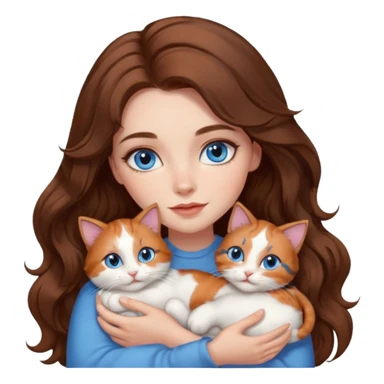girl with long wavy brown hair, blue eyes, long lashes makeup, cuddling with 6 cute cats sticker