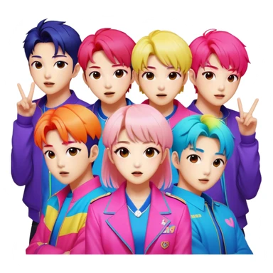 Cinematic Realistic BTS Pop Culture Emoji, featuring a dynamic, energetic portrayal of the acclaimed K-pop group rendered with vibrant textures and energetic, colorful lighting. sticker
