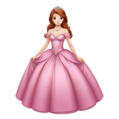 Cinematic Majestic Sleeping Beauty Portrait Emoji, rendered in a clean, vector-style with bold, simplified shapes. Show Aurora with a serene, noble expression, luminous porcelain skin, and elegantly flowing auburn hair, dressed in an opulent pink ball gown. The design radiates a majestic, enchanted glow with high shine and a soft glowing outline, embodying classic royal elegance. sticker