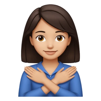 make an emoji of a girl with medium skin and very dark brown hair. her hands are crossed and holding the front of her neck. her face is smiling sticker