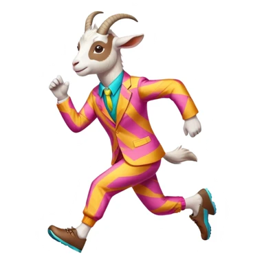 friendly anthropomorphised goat jogging upright in a colourful suit, standard pose sticker