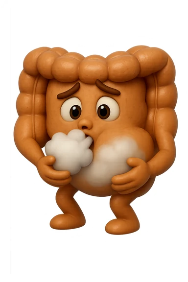 emoji stile iphone di un intestino che ingoia una nuvoletta di aria ben visibile e gli si gonfia la pancia, iperrealistico 4k sticker