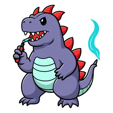 cartoonish Godzilla holding a vape pen, colorful sticker