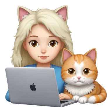 A girl is working on a laptop with a cat lying next to it sticker