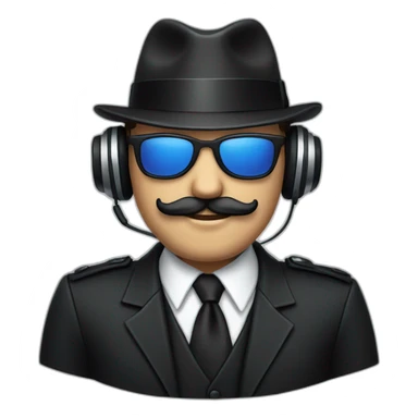 A man with a beige skin, a black suit, a tie, a fedora hat, headphones, sunglasses and a mustache sticker