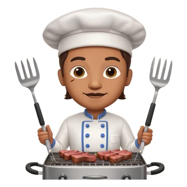 A 3D cartoon cook flipping meat on a grill with tongs, gentle smoke effect, Memoji-style lighting. sticker
