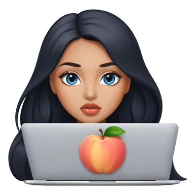 Glamours tanned very beautiful girl with big pump peach lips and almost black straight smooth silky long hair, blue-grey eyes with MacBook sticker