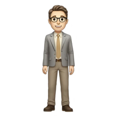Full height Actively Gesturing Pale skinned fit man with dark brown hair in gray jacket, beige office shirt, brown tie, brown pants and vintage glasses. sticker