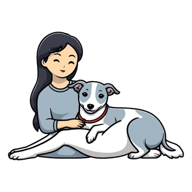 Very thin Chinese woman with long black hair relaxing in a luxurious hotel suite with exactly ONE whippet dog. EXTREME IMPORTANCE: the whippet must be ONE SOLID MEDIUM GREY COLOR (not too dark, not too light) from nose to tail with ABSOLUTELY NO WHITE MARKINGS anywhere - NO white on face, NO white on muzzle, NO white on chest, NO white on paws, NO white on tail - NOTHING BUT A SINGLE SHADE OF MEDIUM GREY throughout the entire animal sticker