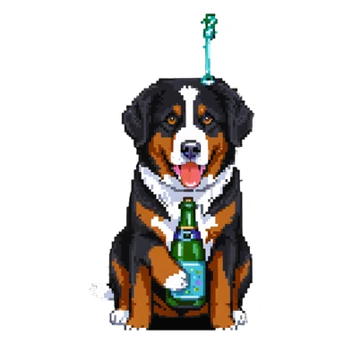 bernese mountain dog holding a toy champagne bottle in its mouth sticker