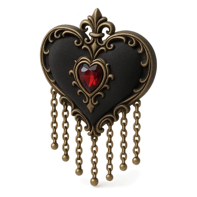 gothic heart in 3D black style, black velvet texture, silver chain fringe, dark ruby center, ornate and dramatic sticker
