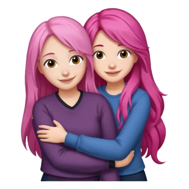 Surprisingly goofy once they open up. Strong, loyal, and incredibly supportive — but still hates wasting time. woman long pink hair hugging another woman with dark hair sticker
