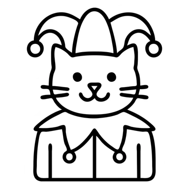 crazy cute little cat jolly joker from poker, medieval, vintage, court jester, mac os icon, purple, gold and red color, head + torso. Squared shape as 3D mac os system icon, symmetrical sticker