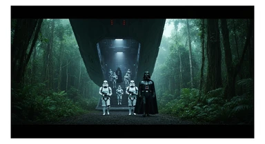 cinematic still, Medium shot, amazon jungle, Darth Vader around stormtroopers coming out from starship on ground, they are exploring the jungle, inspired by StarWars movie, captured by arri alexa sticker