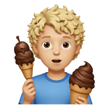 boy blonde curly hair, chef, eating big chocolate ice cream sticker