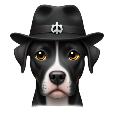 Black pitbul wearing a black hat with a peace sign up sticker