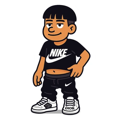 chico moreno cartoon with eyebrow-length bangs, wearing a black Nike t-shirt, black Nike pants lowered, white Dior sneakers, urban flow sticker