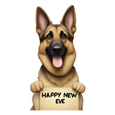 Blonde and brown German shepherd holding a sign that says “Happy New Years Eve” sticker