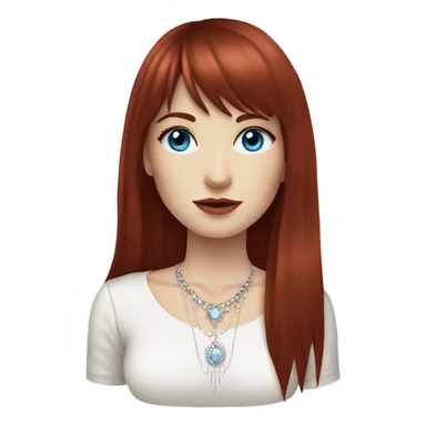 woman with pale skin, blue eyes and long dark red hair with layers and fringe bangs, wearing a white top and silver jewellery sticker