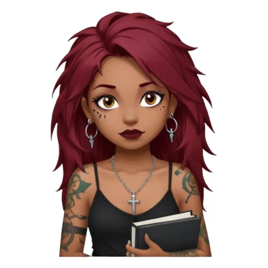 generate an ios genmoji of a dusky girl with long dark red messy hair with eyeliner on her eyes. septum piercing, wearing a cami black top, has tattoos, on shoulders. ear piercings. wearing a cross silver necklace. carrying a lot of sketchbooks


no tattoos on face sticker