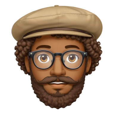 a man with brown skin, wear a glasses with bold frame, have a curly hair and wearing a hat. have a moustache and beard  sticker