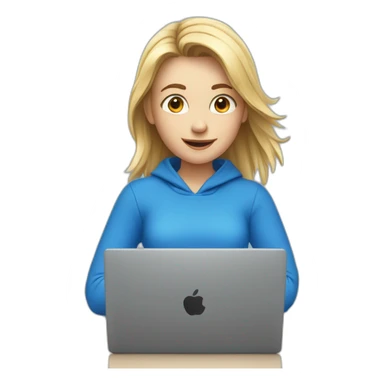 European girl in blue clothes behind laptop  sticker