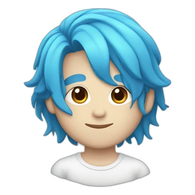 A blue-haired boy with long hair and a white face sticker