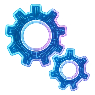 Transform the Windows Services icon of two interlocking gears into a cyberpunk, holographic style with glowing neon blue and pink edges. Add intricate circuit patterns throughout both gears, maintaining the exact shape, proportions, and interlocking position. The icon should have a consistent futuristic, clean cyberpunk glow with detailed neon and circuit effects on a transparent background, matching the style of previous cyberpunk icons. sticker