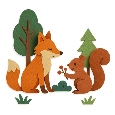 a fox and squirrel sharing berries in a forest friendship scene, paper craft style sticker