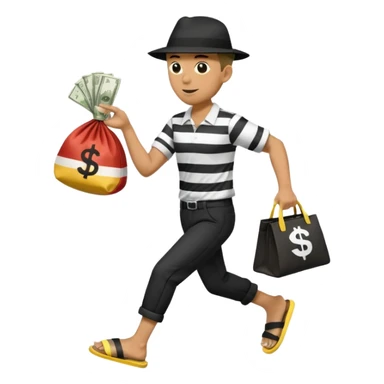Make a man wear a black pant and he shirt is balck line and white line and wear a black hat and he holding a money bag and he running he wear a black eye thing no money in the Left hand and he yellow and the money bag in the right he wear a flip flop like this is Money bag 💰 NO MONEY sticker
