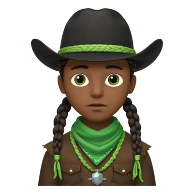 Black boy with three braids near each eye wearing a black cowboy hat with green bandana around his neck sticker