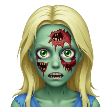 Faça um zumbi feminino, com cabelo loiro e olho azul, com algumas feridas abertas no rosto, cabelo longo, e pele verde, um rosto sem expressão sticker