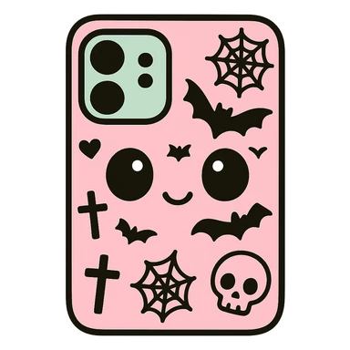 Add more gothic symbols such as crosses, spiderwebs, bats, and skulls to the pink and black kawaii phone case. Keep big eyes, heart accents, smiling, playful, with no background. sticker