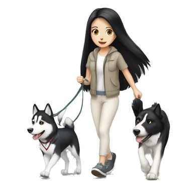 Long black hair pale girl walking husky dog sticker