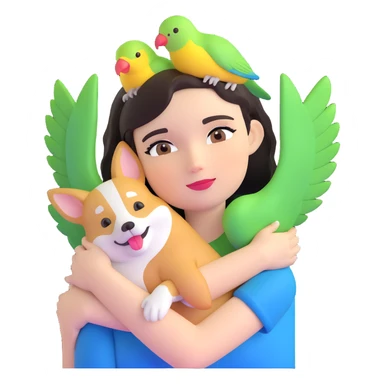 Dark short hair, dark brown eyes with pale skin and thin eyebrows girl hugging a welsh corgi. And a green-reddish lovebird on her head with yellow, blue love birds around her. sticker