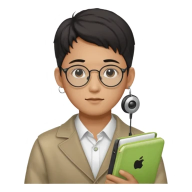korean male guy 20s wearing an apple notebook, wearing radio earrings, round glasses, achromatic clothes, and achromatic clothes. sticker