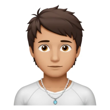 create an emoji of a young man. he has a surfer look, with short messy dark brown hair, brown eyes, tanned skin, natural lips. he wears a white tight shell necklace with a white shirt sticker