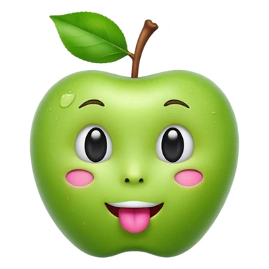 3D iOS-style emoji of a green apple with a cute human face: glossy, soft shading, big black eyes, tiny nose, open mouth with tongue, stem and leaf on top, white background sticker
