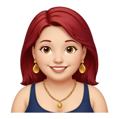 Chubby girl, shoulder length dark red hair, brown eyes, dimples, gold earrings, and necklaces sticker