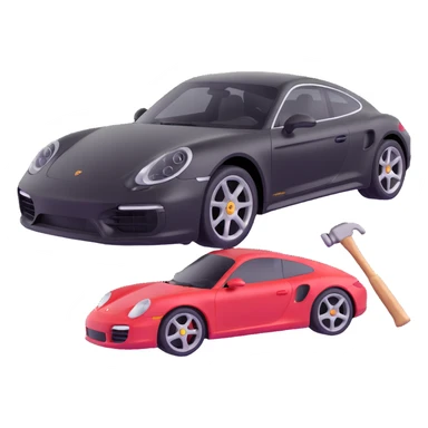 Porsche luxury car with dent repair tools like a lever and small hammer, elegant and modern sticker