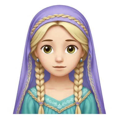 
mujer, Joven, de aspecto dulce y elegante.
Piel clara, ojos grandes y expresivos (pueden ser azules o verdes), sonrisa triste.
Rubio o castaño claro, largo, con trenzas o velo.
Vestido largo de tonos suaves (blanco, azul o lavanda), con bordados dorados; un manto o toca fina cubriendo la cabeza.
 sticker