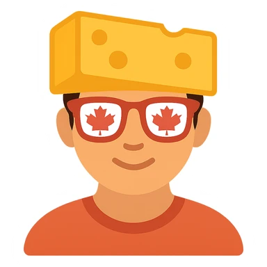 Add color to the icon: yellow cheese block, red and white Canada flag glasses, natural skin tone, simple colored shirt, keep background transparent. sticker