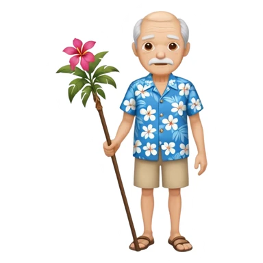 old man with hawai blue floweral shirt  full body with stick sticker