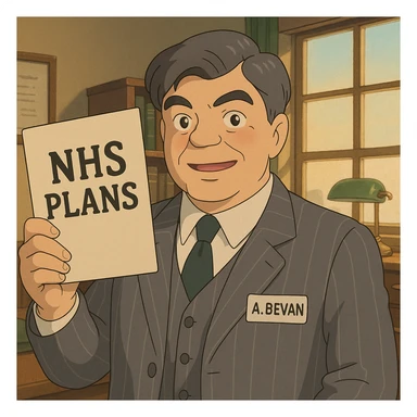 A 1930s middle aged man wearing a grey pinstripe suite holding up an official document with the words 'NHS Plans' with an office background. Give him a name badge with A. Bevan written on it sticker