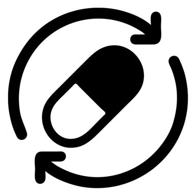 solid filled icon symbolizing chronic illness, stylized pill and a looping arrow sticker