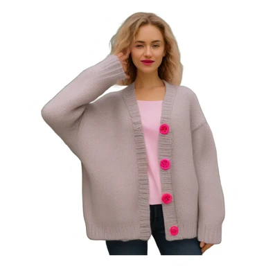 Sage oversize wool open short cardigan with pink buttons, isolated sticker