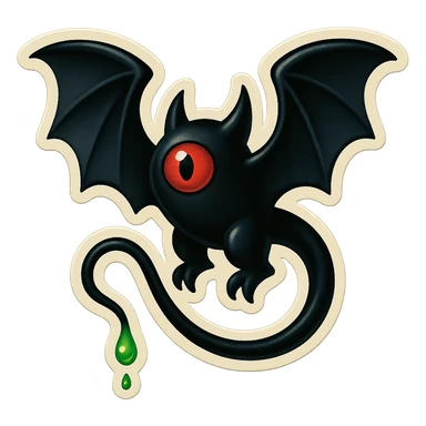 an all black reptilian bat-like creature. One cyclopian red eye in its face. no visible mouth or ears. has a long tale with a stinger that drips green poison sticker